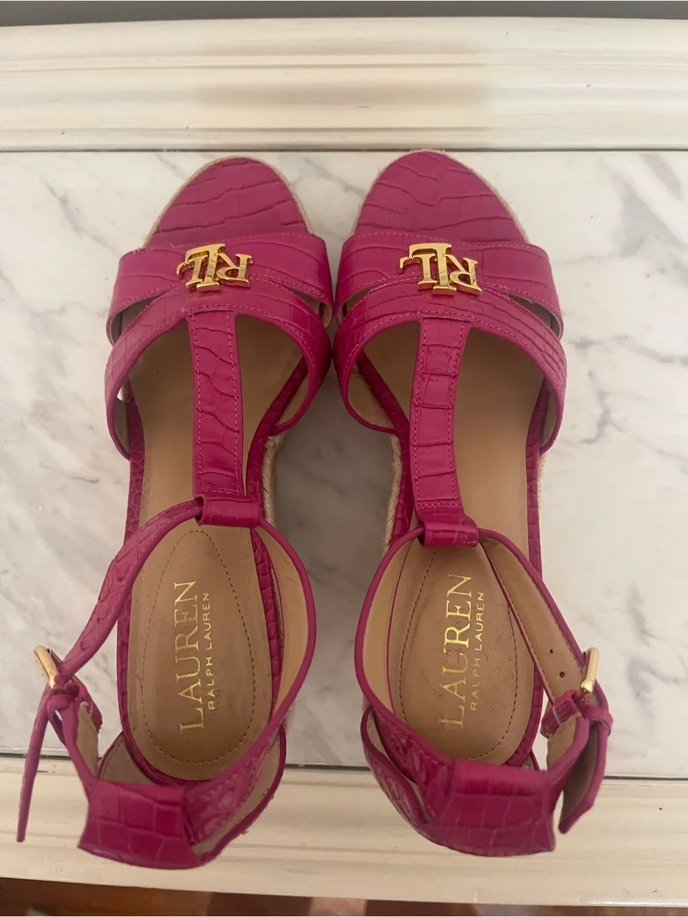 Ralph Lauren Hot Pink Croc-Embossed Espadrille Wedge Sandals with Gold RL Logo